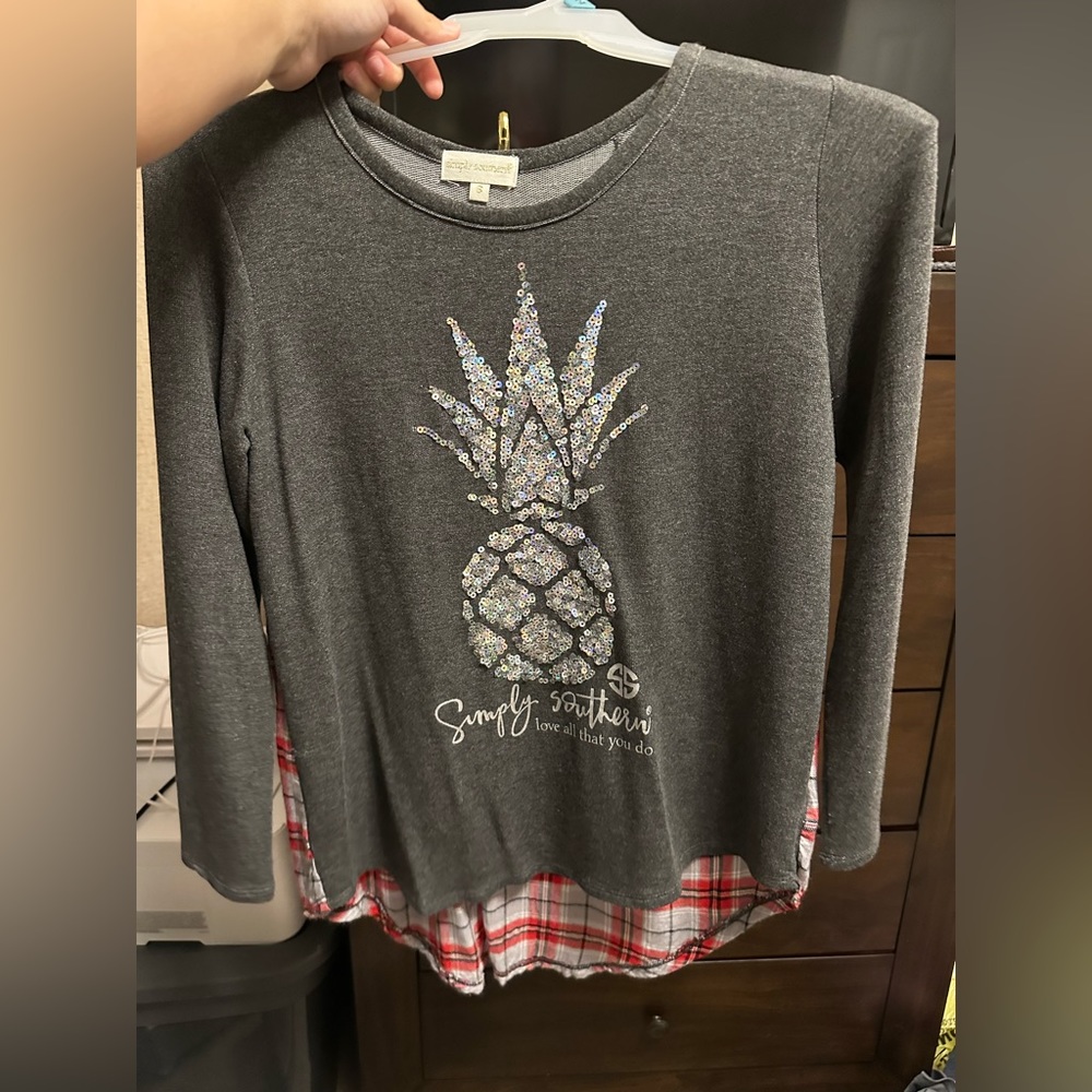 Simply Southern plaid long sleeve shirt with a silver pineapple on it.